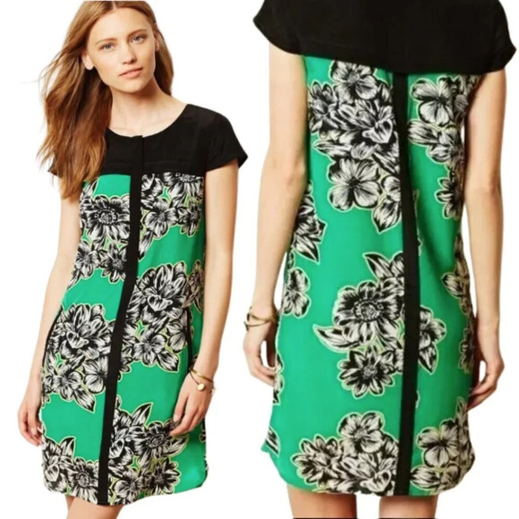 Maeve Anthropologie Women's Sz 0 Cap Sleeve Ayame Silk Floral Shift Dress Green - Picture 1 of 15
